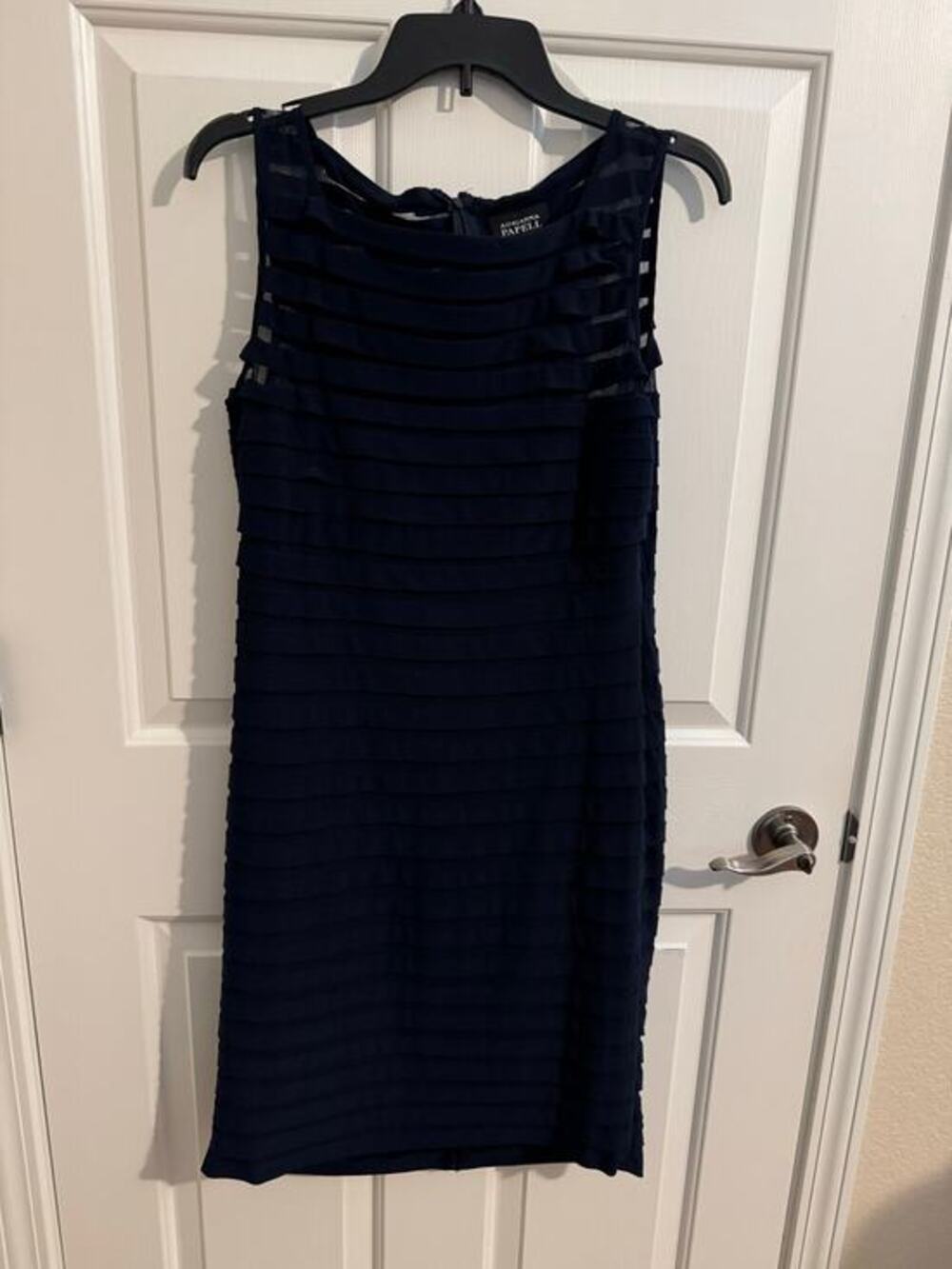Adrianna Papell Shutter-Pleated Sheath Dress Cocktail Party Wedding Navy Blue 12